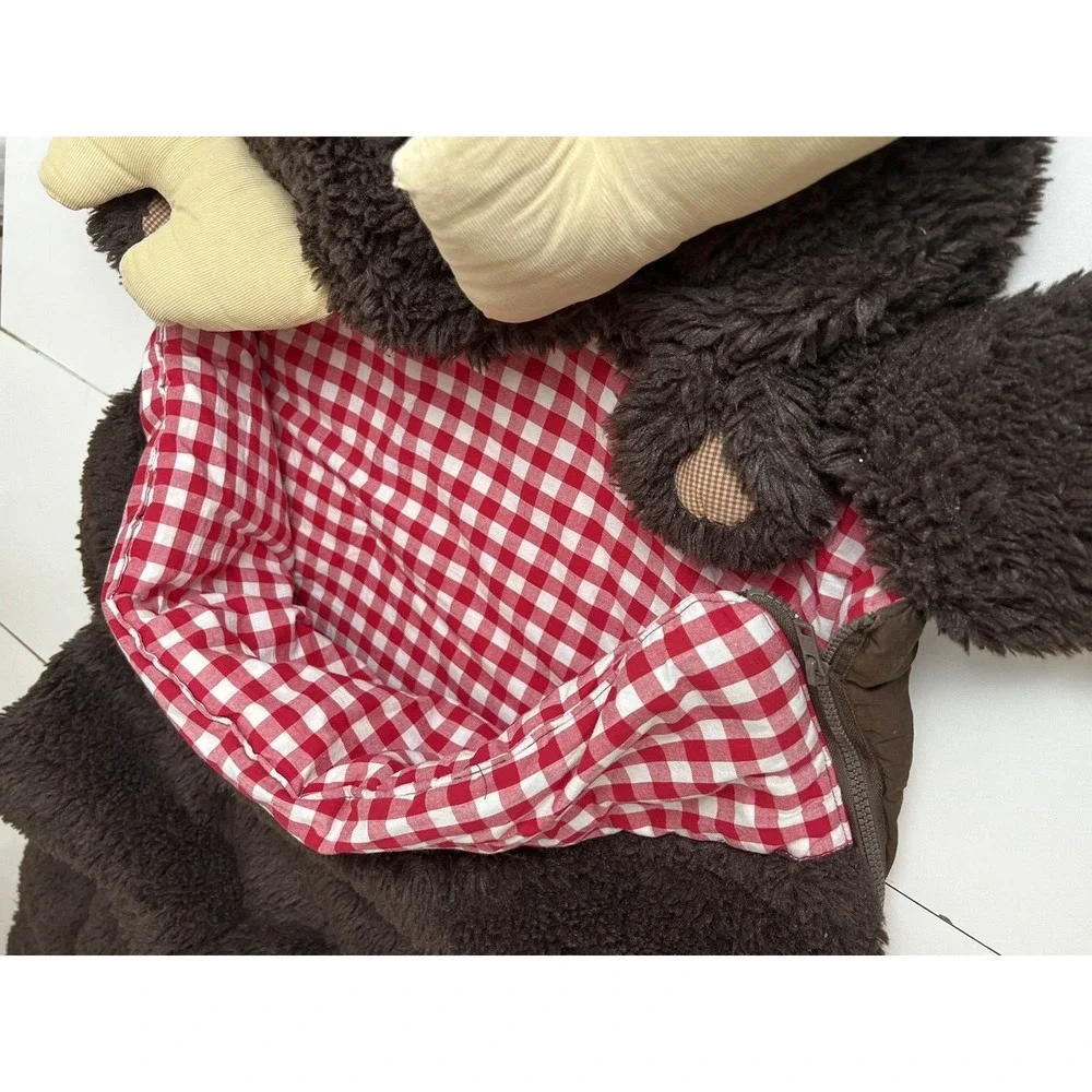Pottery Barn Kids Moose Plush Sleeping Bag Brown Lined in Red Gingham